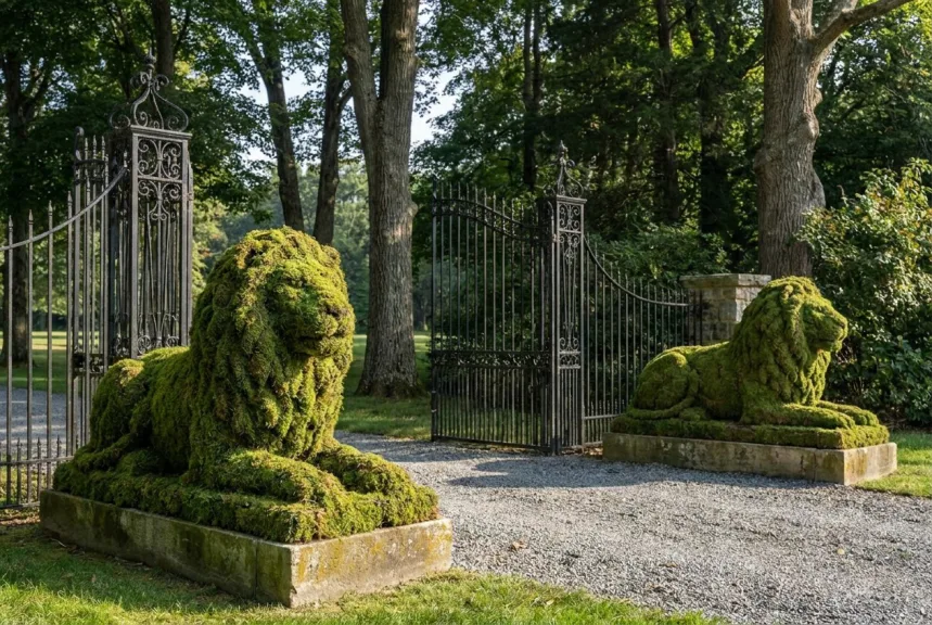 Concept rendering of two large mossed lion topiaries lying on stone plinths beside iron gates