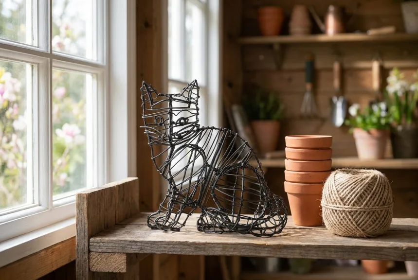 A small bare wire sitting kitten frame on a wooden potting shed shelf beside clay pots
