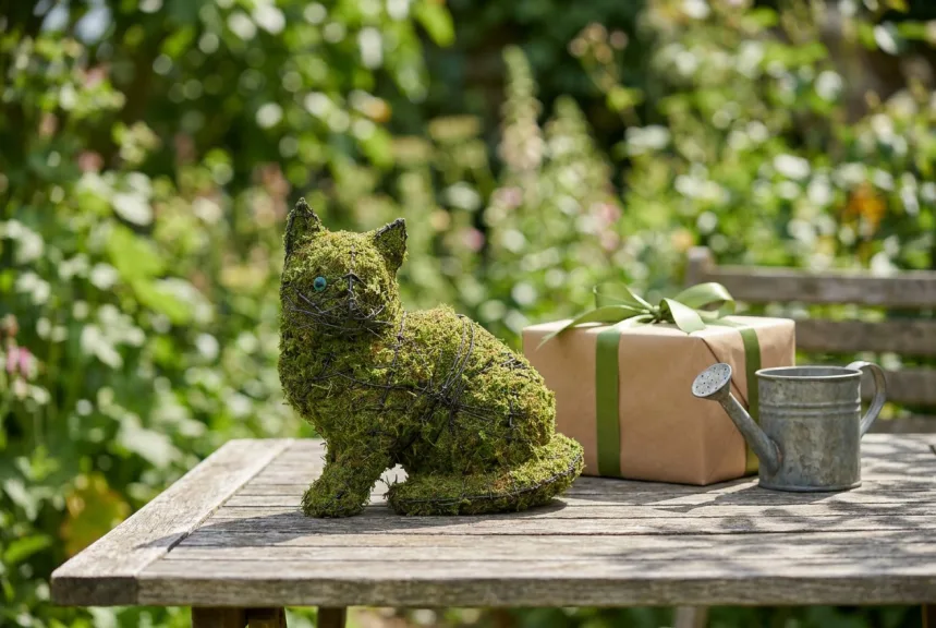 Small mossed sitting kitten topiary on a wooden garden table beside a wrapped gift