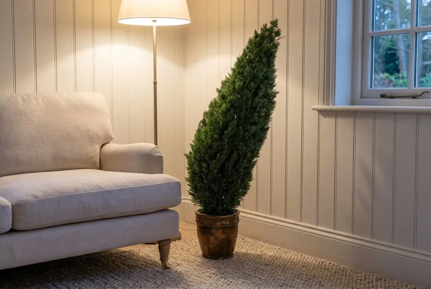 An artificial cedar cone tree in a bronze pot in a living room corner