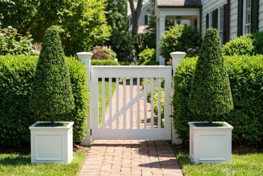 Two artificial boxwood cones in white planters flanking a garden gate in sun