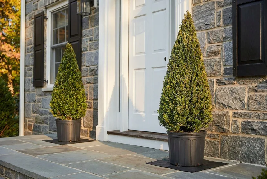 A pair of tall live boxwood cones in pots flanking a white paneled front door