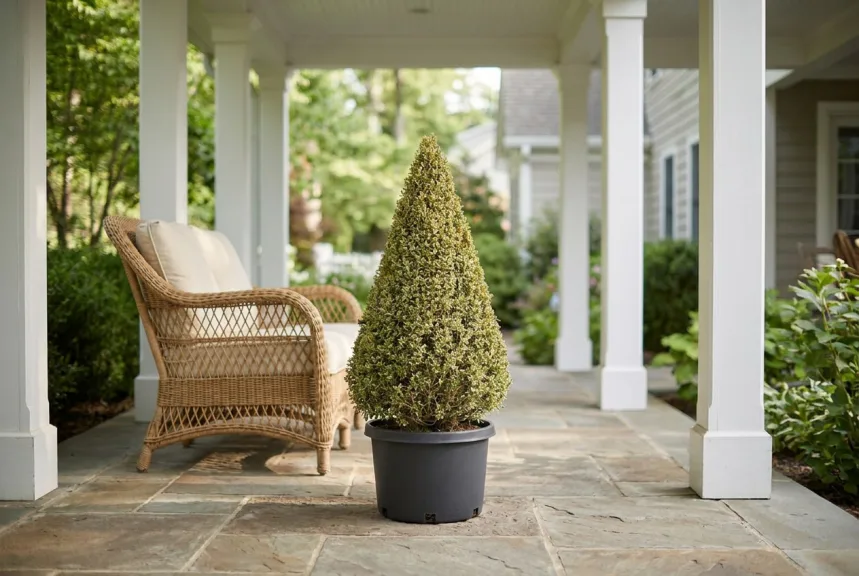 A variegated boxwood cone with cream-edged leaves in a pot on a shaded porch