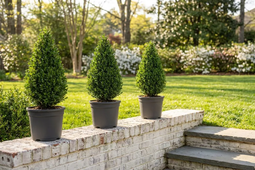 Three small live boxwood cones in pots spaced along a low brick garden wall
