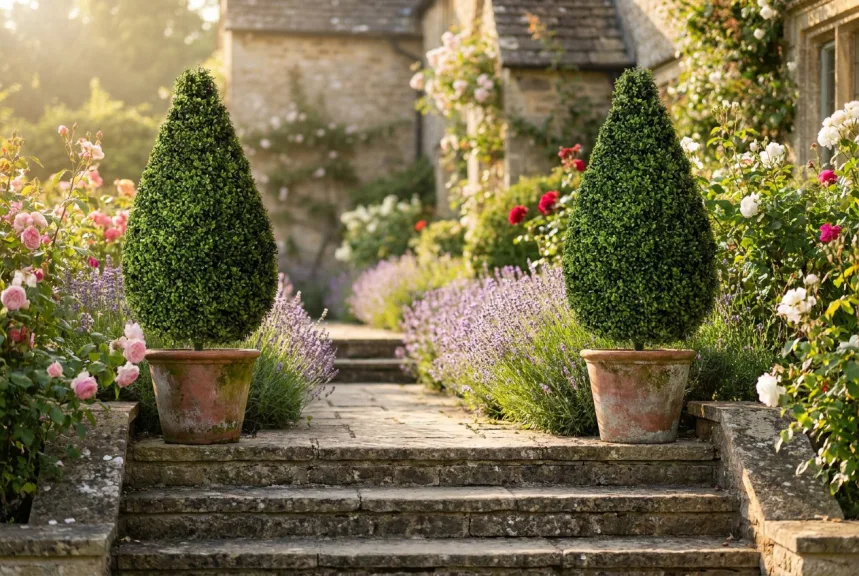Two artificial boxwood teardrop topiaries in terracotta pots at the top of garden steps