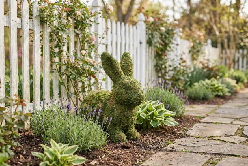 A mossed rabbit topiary sitting in a cottage garden bed beside a flagstone path