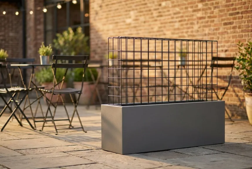 A rectangular steel hedge topiary frame set in a long gray planter on a restaurant terrace