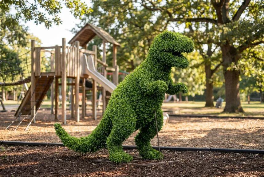 A green T-Rex topiary sculpture standing in a mulched bed beside a park playground