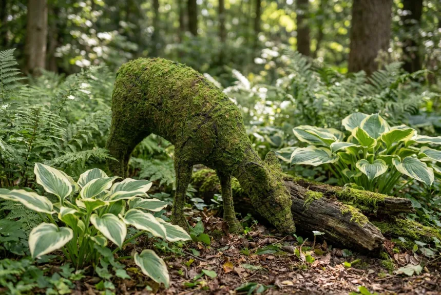 Mossed doe topiary grazing head down among ferns and hostas in a shade garden