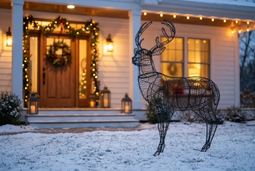 A bare black wire stag frame with antlers standing on a snowy front lawn at dusk