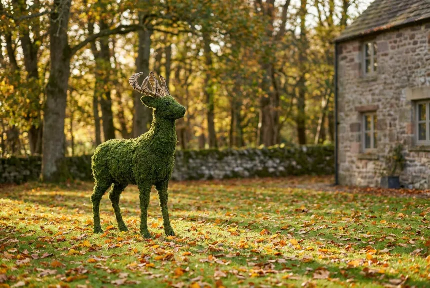 Tall mossed stag topiary with pale antlers on a lawn at the edge of woodland