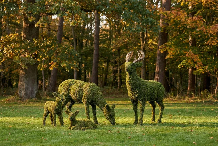 Concept rendering of a mossed deer family: a stag, a grazing doe and two fawns