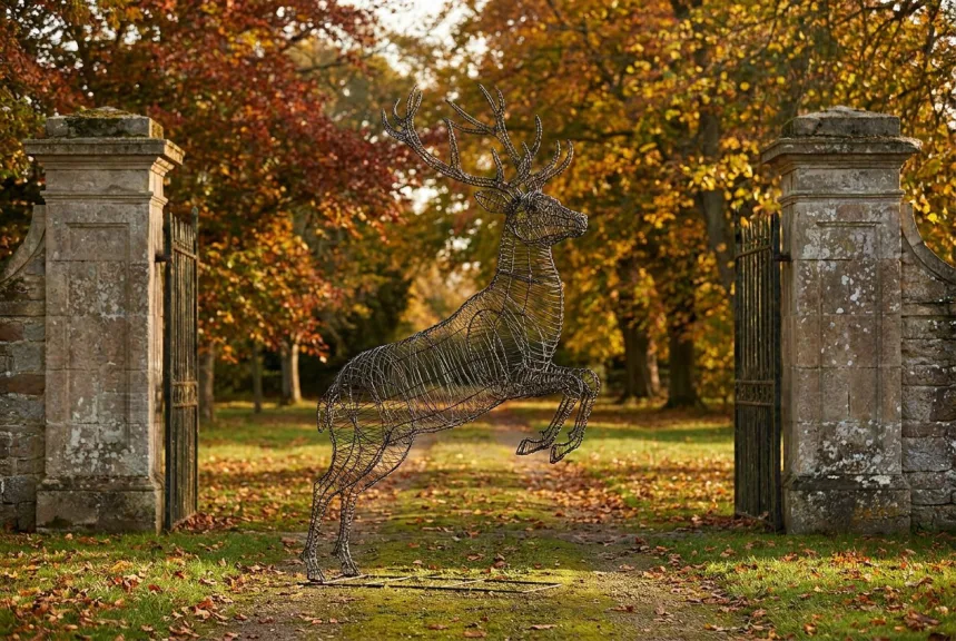 Concept rendering of a bare wire stag leaping from a low base beside stone gate pillars