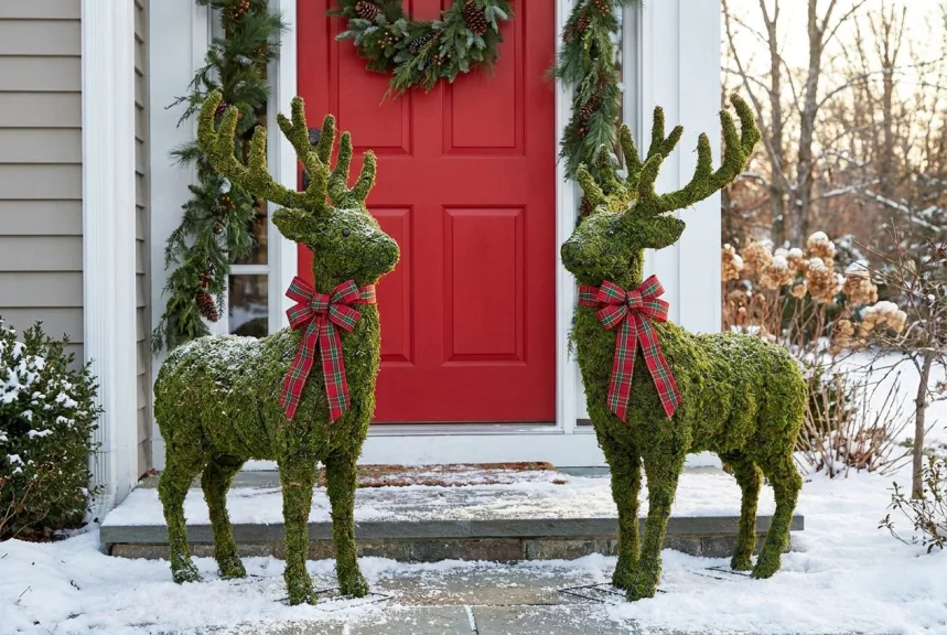Concept rendering of two mossed reindeer with wide antlers flanking a front door in winter
