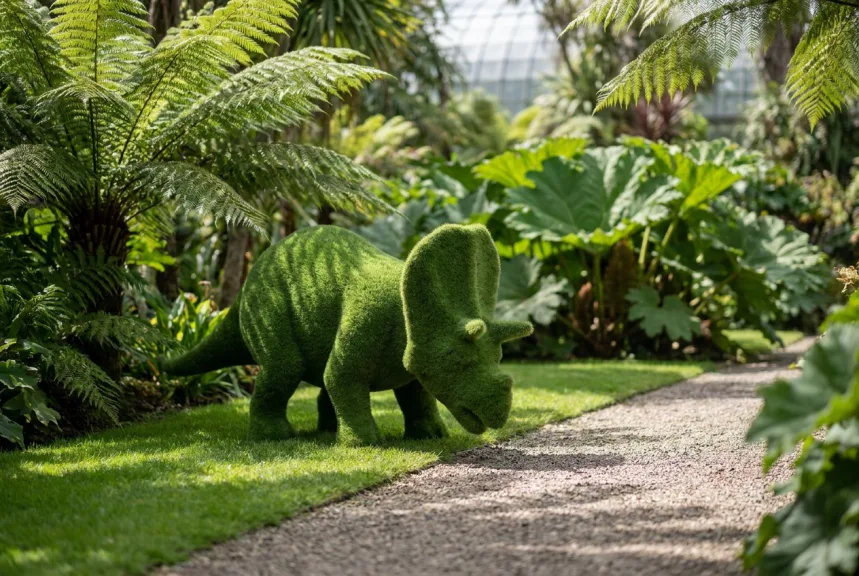 An artificial turf triceratops sculpture grazing on a lawn beside ferns in a botanical garden