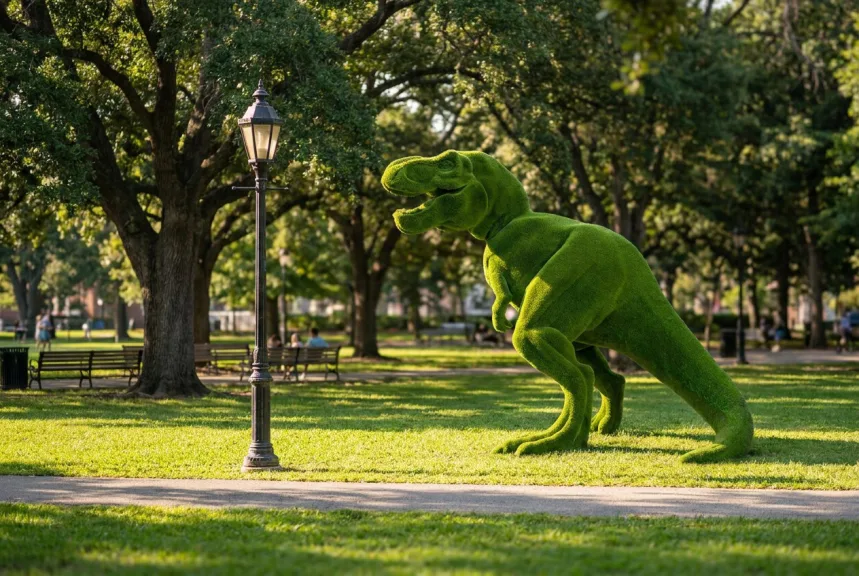 A tall artificial turf T-Rex sculpture on a park lawn beside a paved walking path