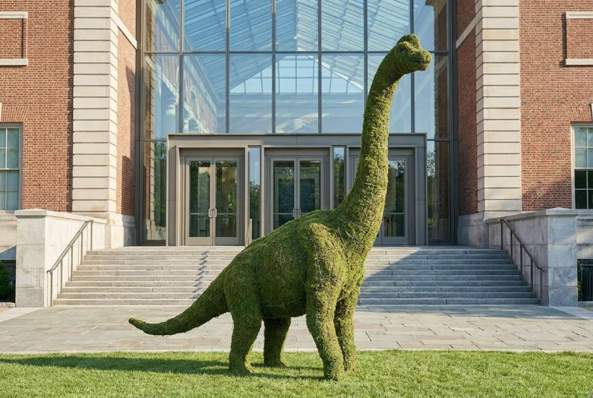Concept rendering of a giant moss long-necked dinosaur beside a museum entrance plaza