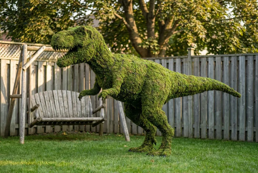 Concept rendering of a seven-foot moss T-Rex topiary on a suburban backyard lawn