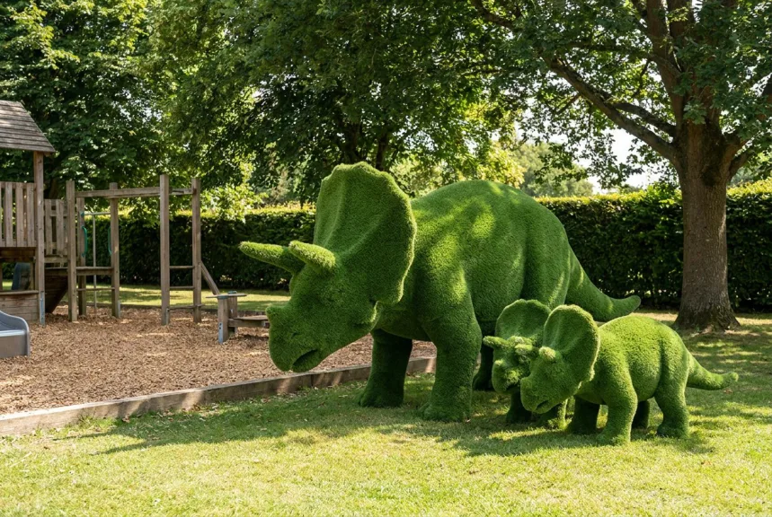 Concept rendering of an adult turf triceratops and two young ones beside a play area