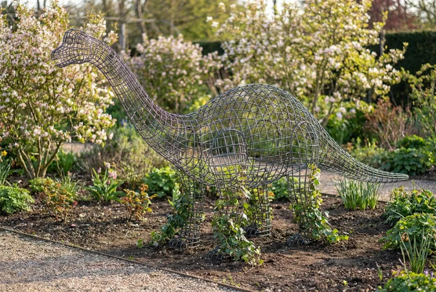 Concept rendering of a bare steel long-necked dinosaur frame in a public garden bed