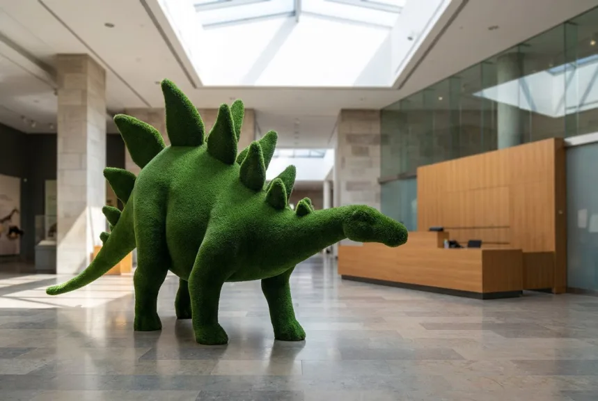 A large artificial turf stegosaurus sculpture in a bright museum lobby with a polished stone floor