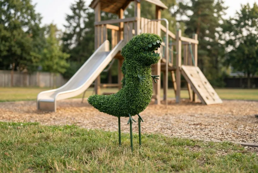 A five-foot T-Rex in artificial boxwood with green teeth at the edge of a playground
