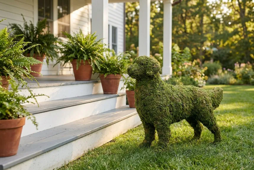 A moss golden retriever topiary standing beside the steps of a white front porch