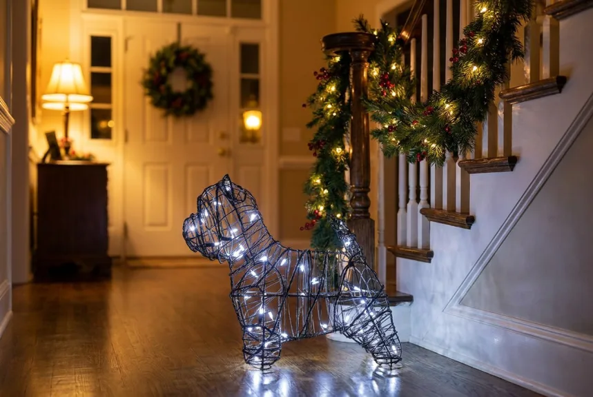 A lighted wire westie topiary glowing in an entry hall decorated for the holidays