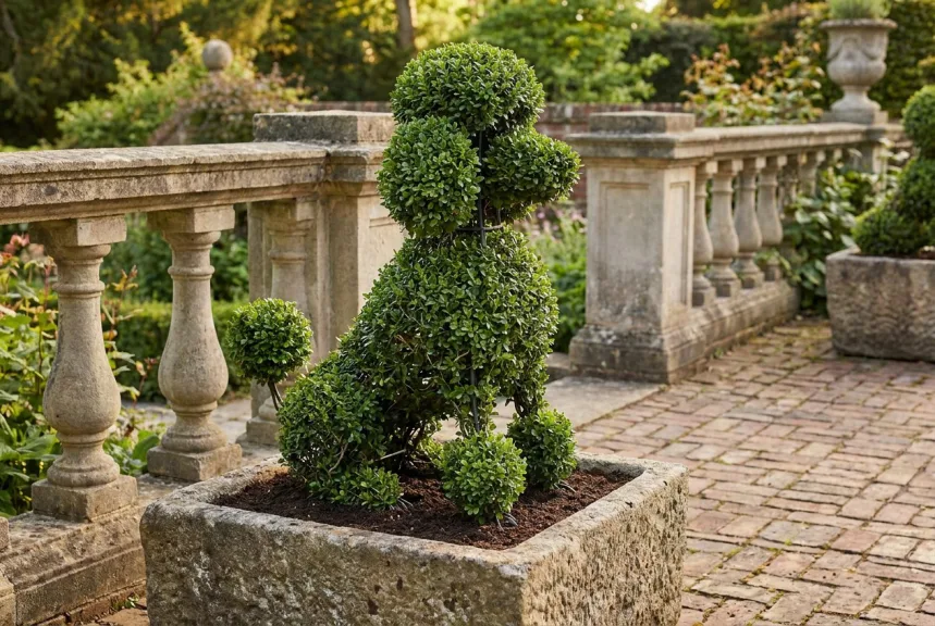 Concept rendering of a live boxwood sitting poodle topiary in a square planter on a terrace