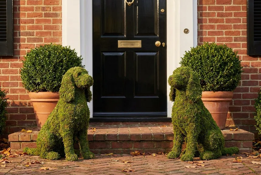 Concept rendering of two matching moss spaniels sitting either side of a black front door