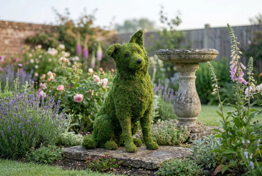 Concept rendering of a moss topiary portrait of a sitting border collie in a cottage garden