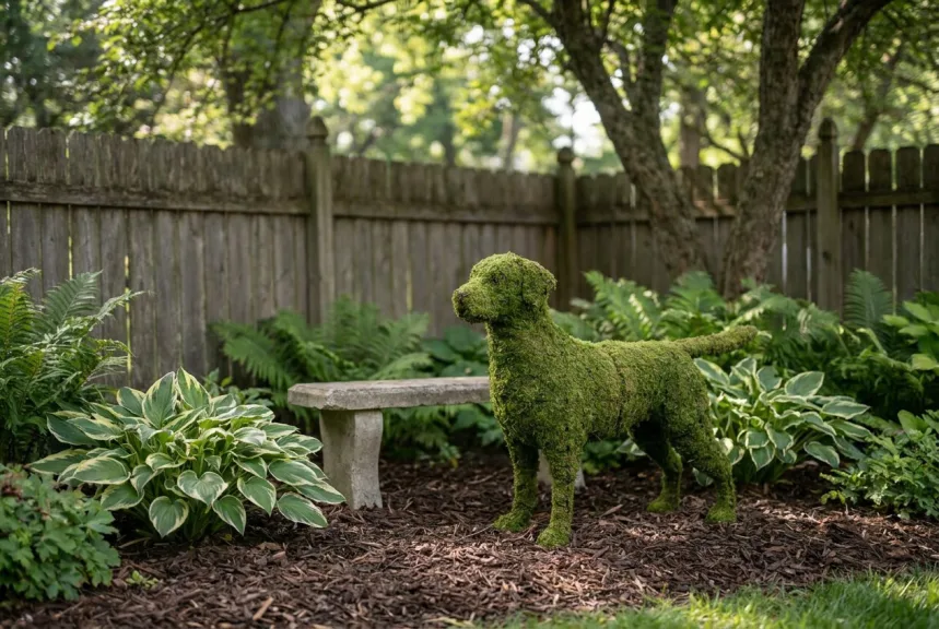 A moss Labrador retriever topiary standing in a quiet garden corner beside a small stone bench