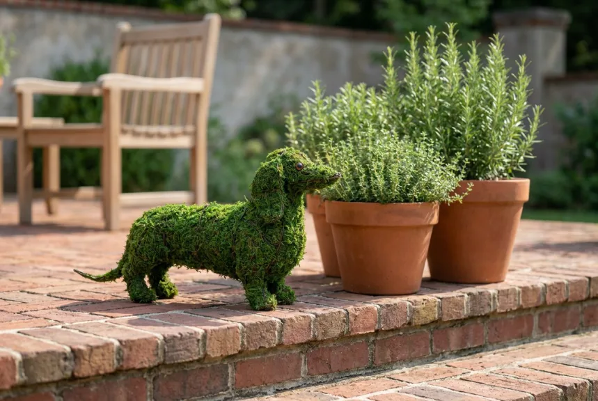 A small moss dachshund topiary on a brick patio step beside pots of herbs