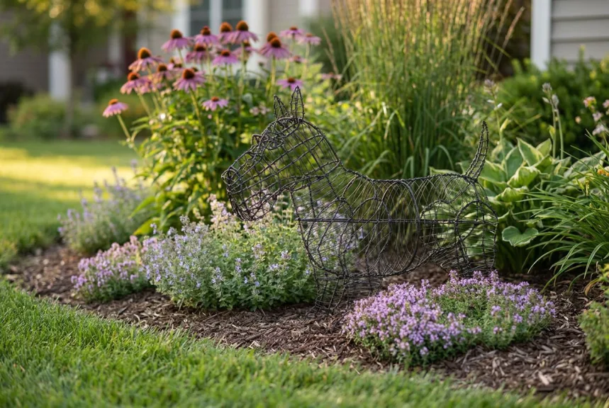 A bare dark wire scottie dog topiary frame standing in a garden border of low plants