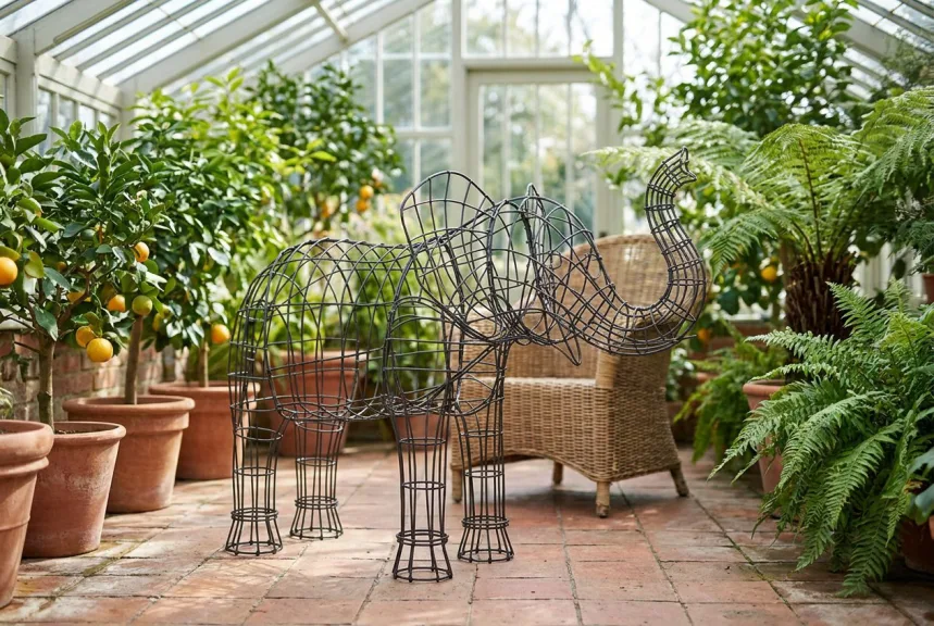 A bare dark wire elephant topiary frame on the tiled floor of a sunny conservatory