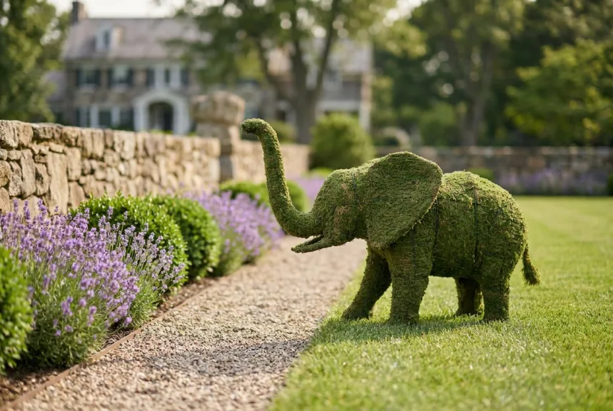 A 32-inch moss elephant topiary with raised trunk beside a gravel path and lavender