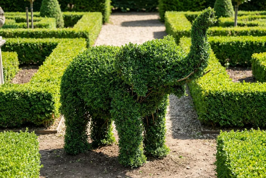 Concept rendering of a live boxwood elephant topiary at the end of a formal garden walk