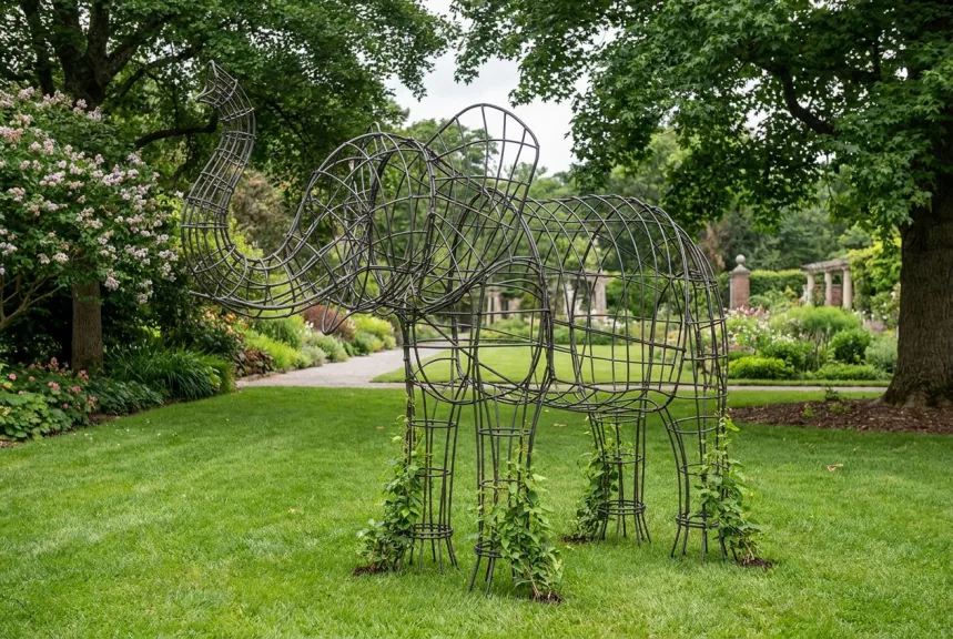 Concept rendering of a large bare steel elephant frame with young climbers on a lawn
