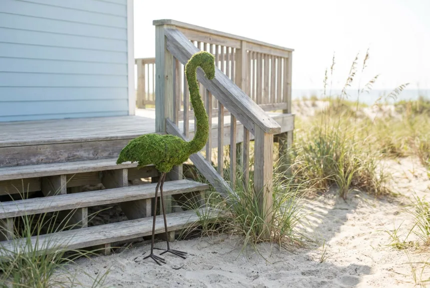 A mossed flamingo topiary standing among dune grass beside the wooden steps of a beach house