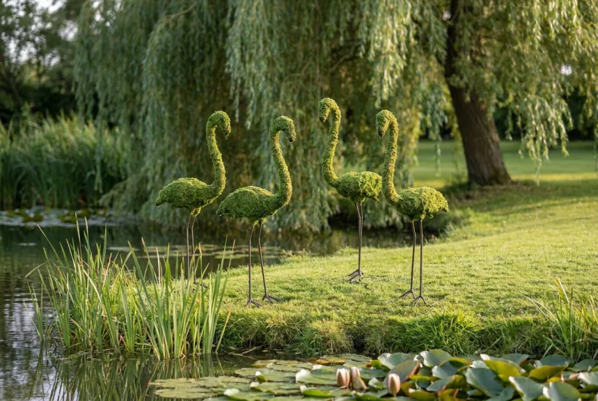 A small flock of mossed flamingo topiaries standing on the grassy bank of a garden pond