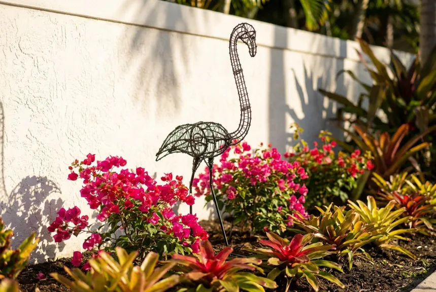Bare black wire flamingo frame in a tropical border before a white stucco wall