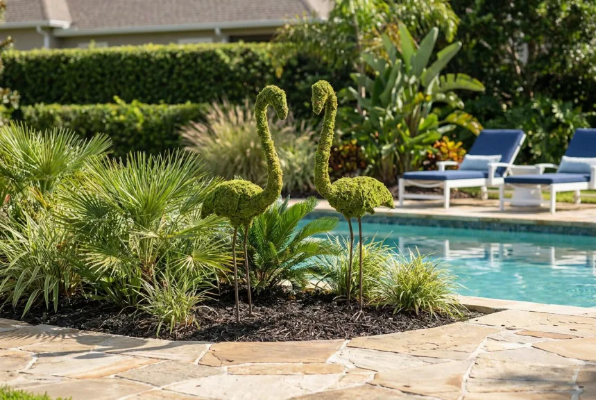 Two mossed flamingo topiaries standing in a palm bed at the corner of a pool deck