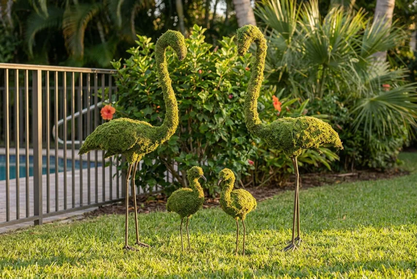 Concept rendering of a mossed flamingo family, two adults and two small chicks, on a lawn