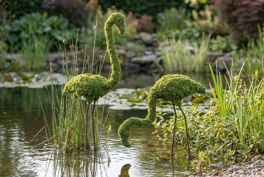 Concept rendering of two mossed flamingos at a pond edge, one feeding head down