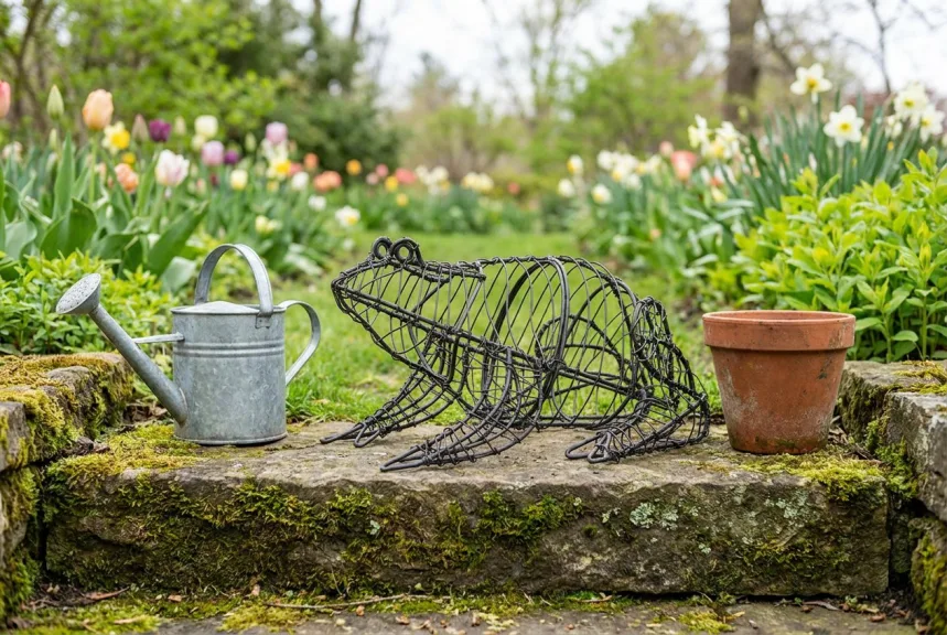 A bare black wire frog frame sitting on a stone garden step beside a watering can