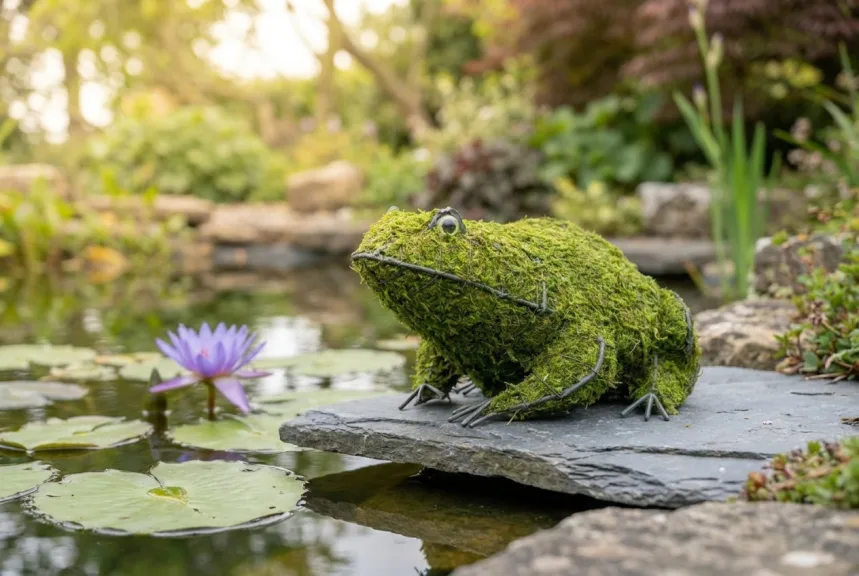 Small mossed frog topiary sitting on a flat stone at the edge of a pond