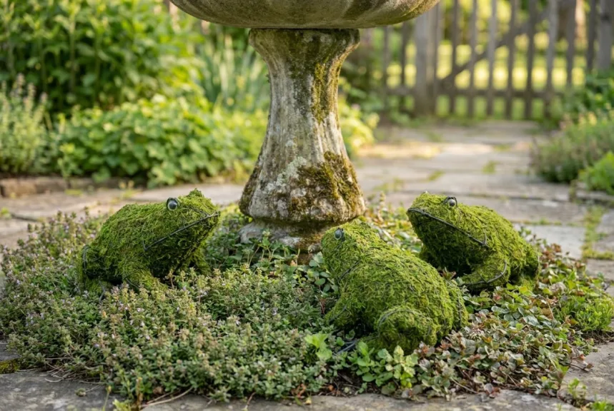 Three small mossed frog topiaries sitting around the base of a stone birdbath