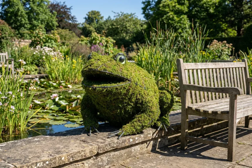 Concept rendering of a large mossed frog sitting at the edge of a public water garden