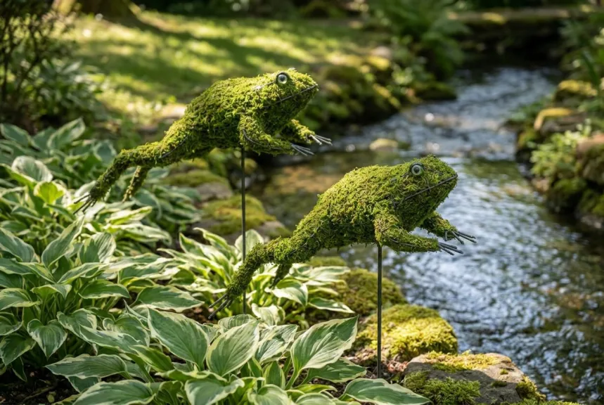 Concept rendering of two mossed frogs in mid leap mounted on thin stakes over a border