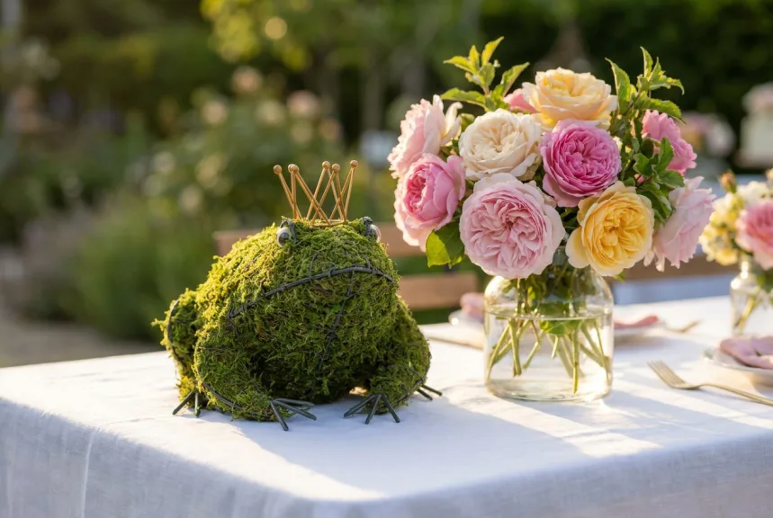 Concept rendering of a mossed frog wearing a small gold-colored wire crown on a garden table